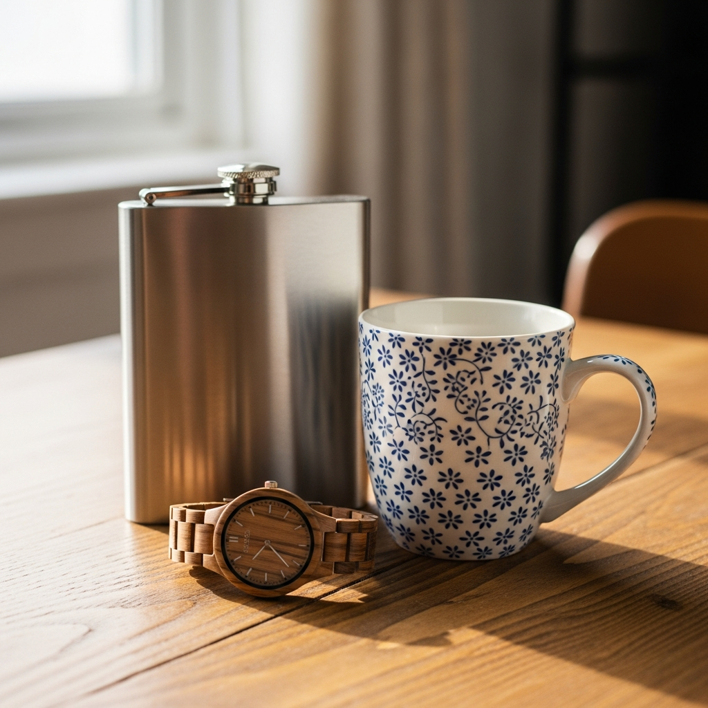 Abuelo sonriente sosteniendo una taza personalizada y un llavero de madera grabado con láser