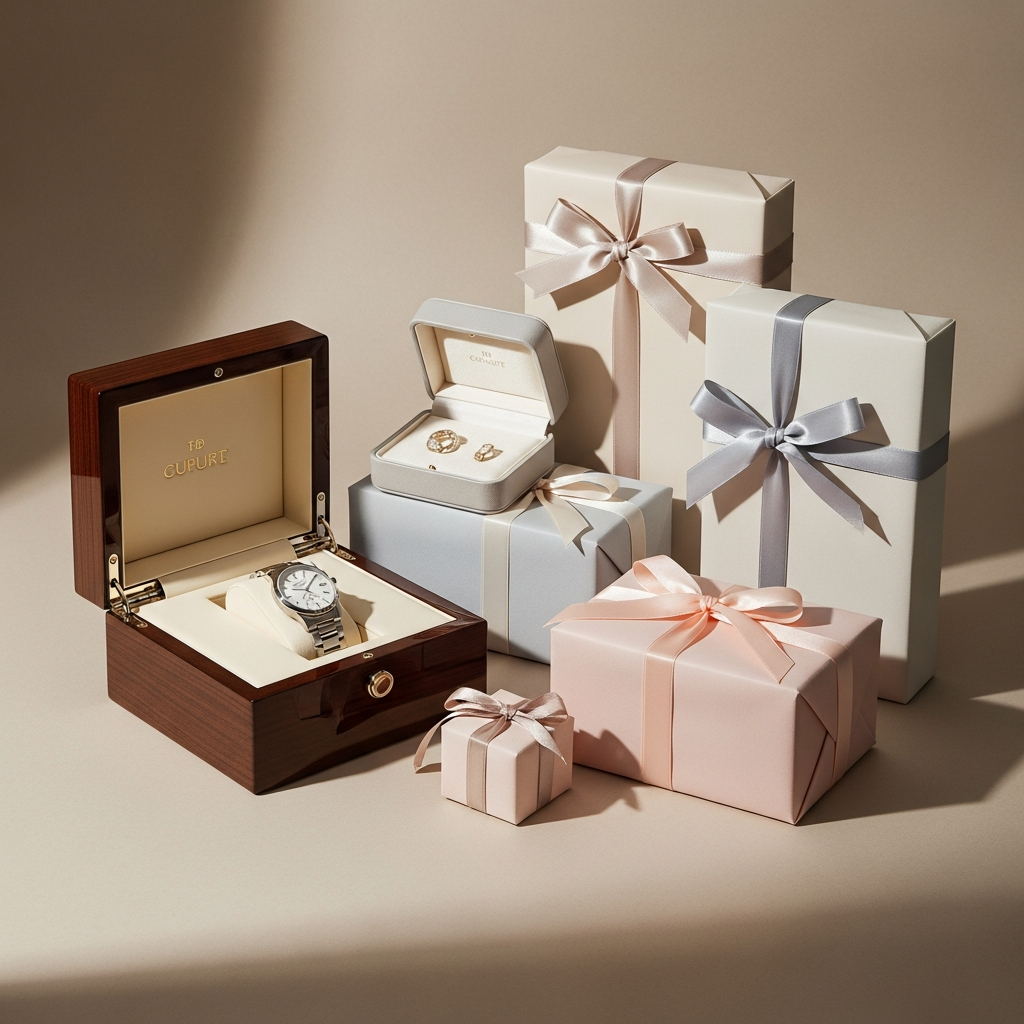 Caja de regalo elegante con lazo de seda junto a un anillo de compromiso y copas de champán
