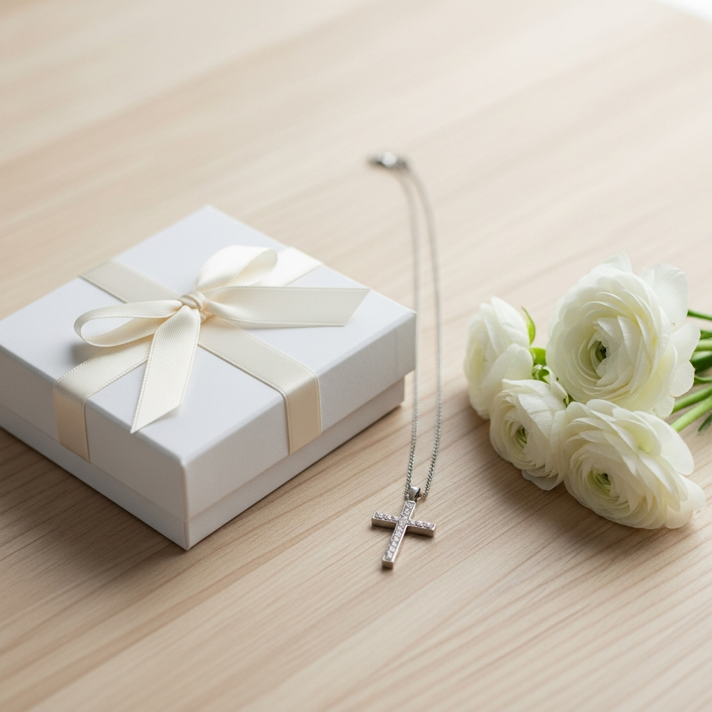 Caja de regalo blanca con lazo, pulsera de plata personalizada y una pequeña cruz de madera sobre una mesa