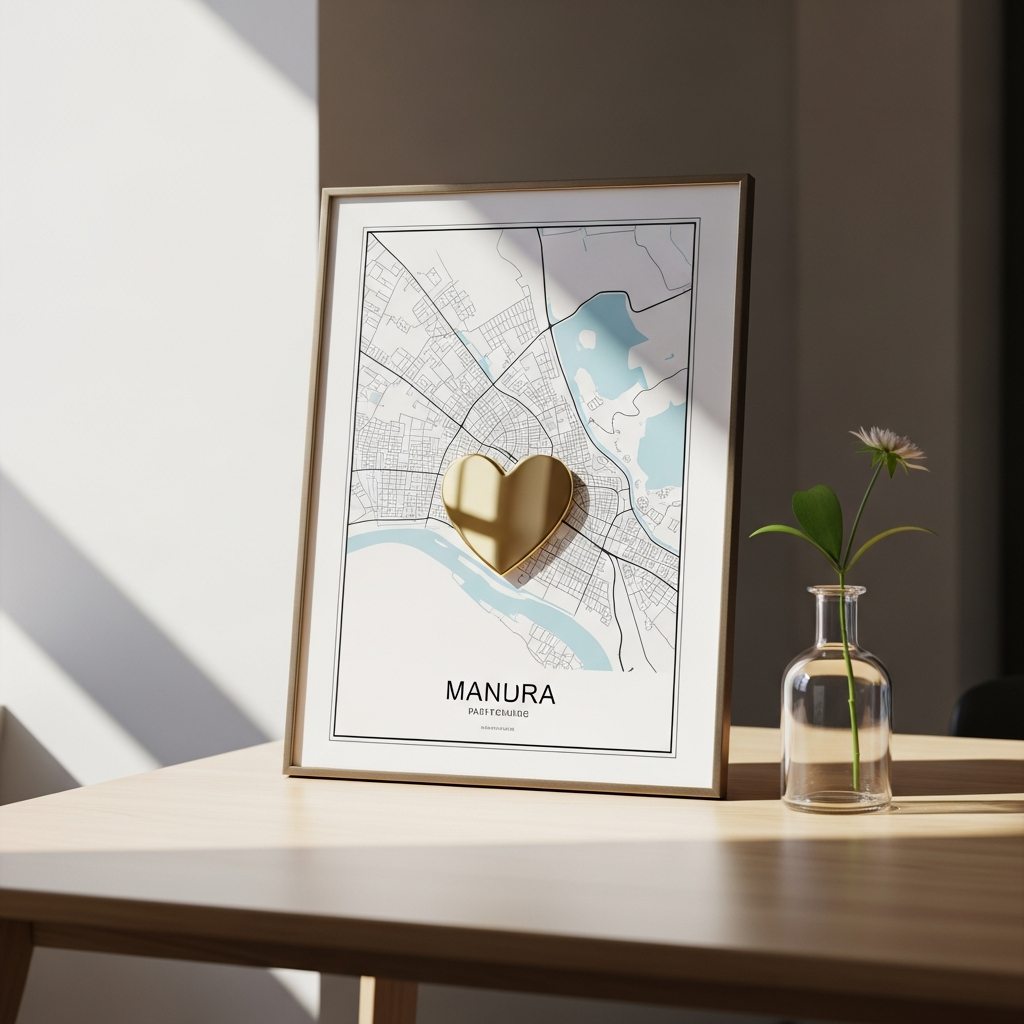 Lámina con coordenadas geográficas y un mapa minimalista enmarcada en madera junto a una planta verde