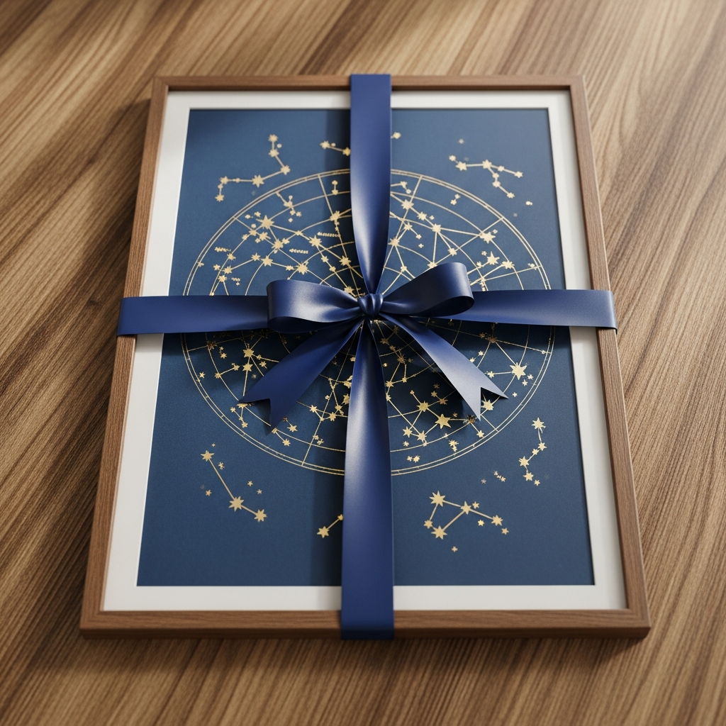 Cuadro con mapa de constelaciones personalizado apoyado en un mueble junto a un jarrón con flores