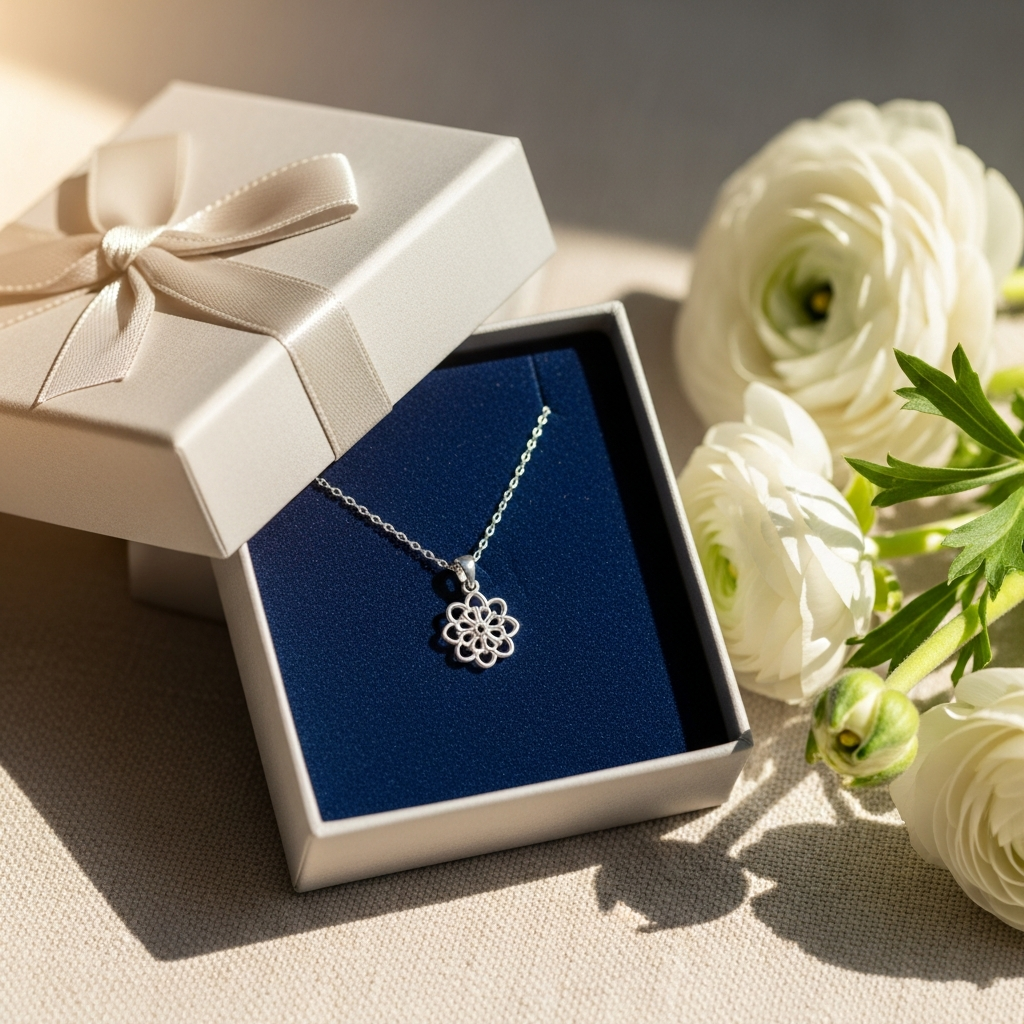Caja de regalo abierta con una pulsera de plata y una nota de agradecimiento sobre un fondo de flores delicadas
