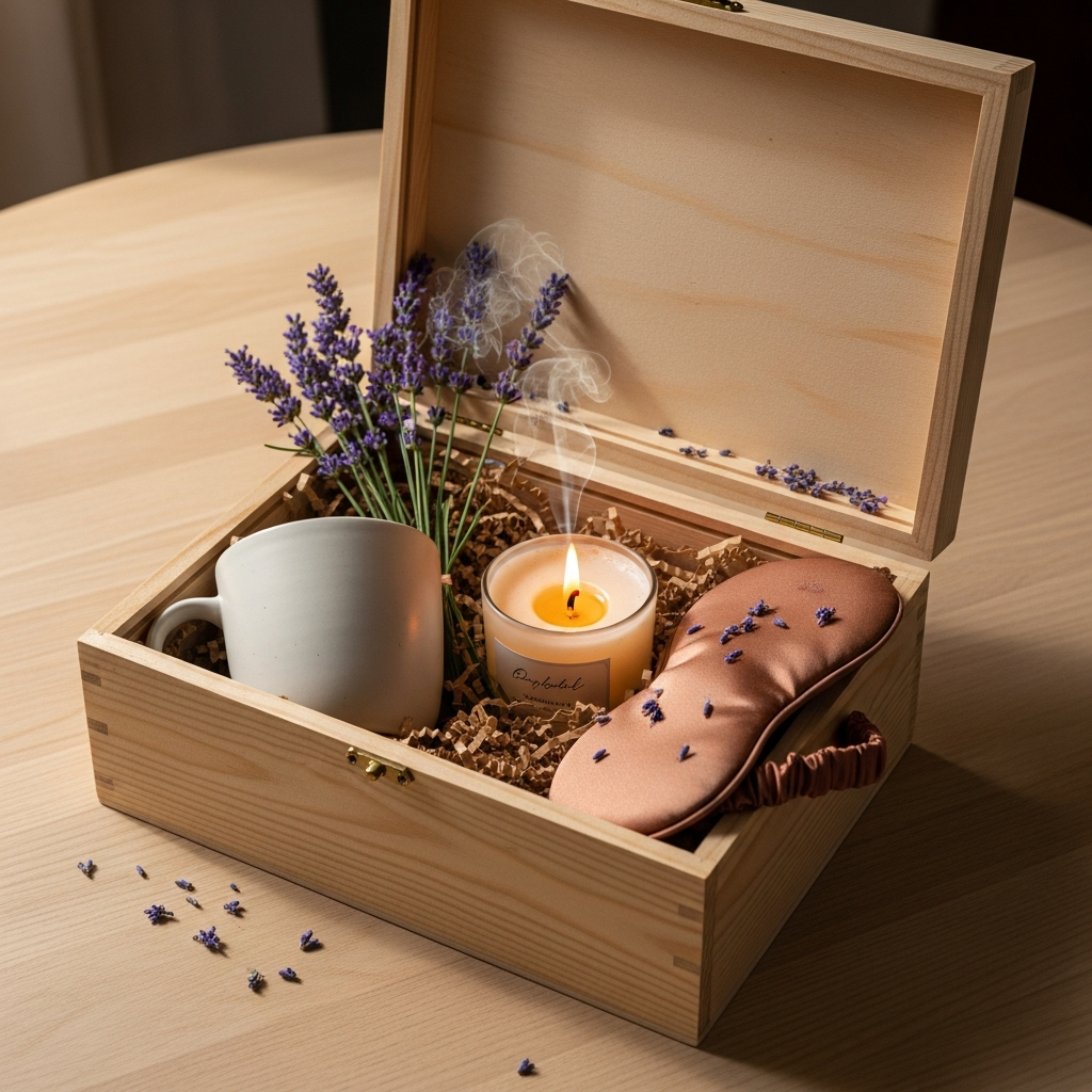 Caja de regalo abierta con aceites esenciales, una vela aromática y una taza de té sobre una mesa de madera