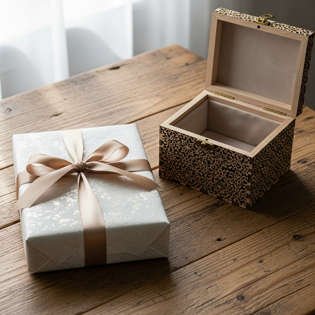 Caja de madera grabada y copas personalizadas sobre una mesa decorada con flores para un regalo de boda civil