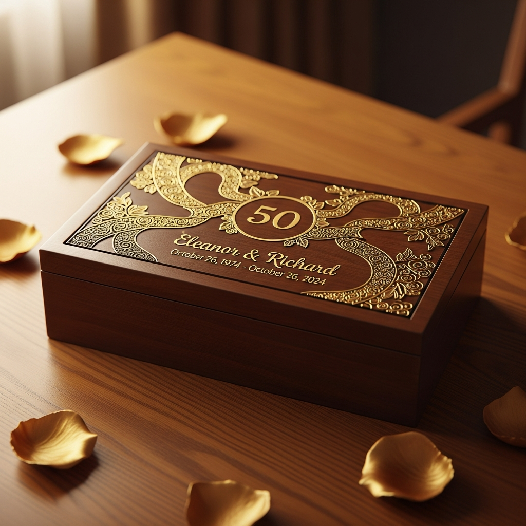 Placa de madera grabada con láser para bodas de oro junto a dos copas de cava con detalles dorados