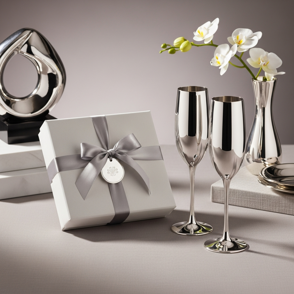 Copas de champán personalizadas con grabado láser y detalles plateados para un aniversario de bodas