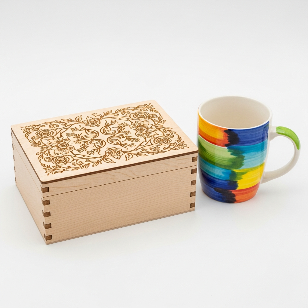 Taza de cerámica personalizada y llavero de madera grabado con láser junto a una caja de regalo con lazo