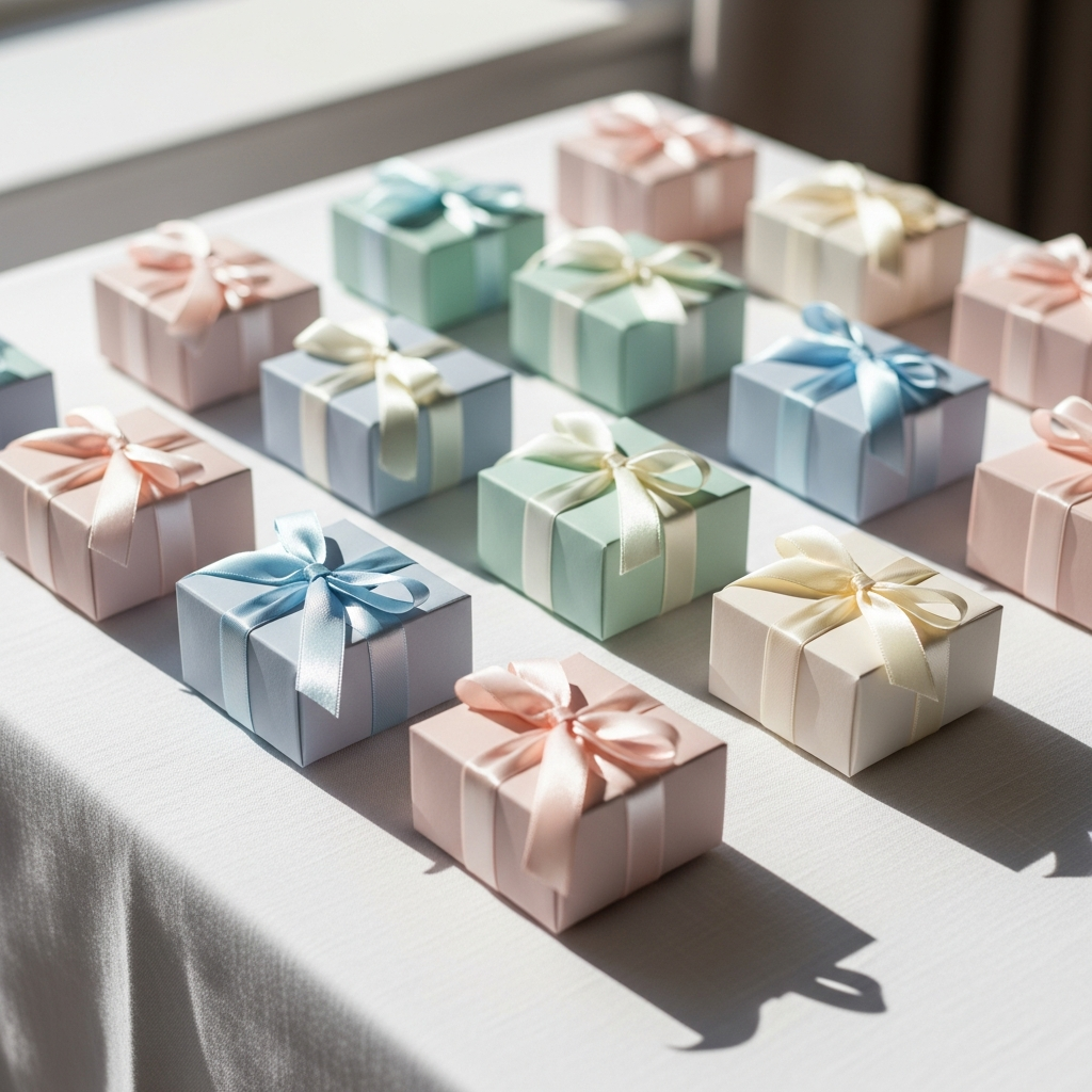 Pequeñas cajas de regalo con lazos celestes y ramitas de eucalipto ordenadas sobre una mesa para invitados de bautizo