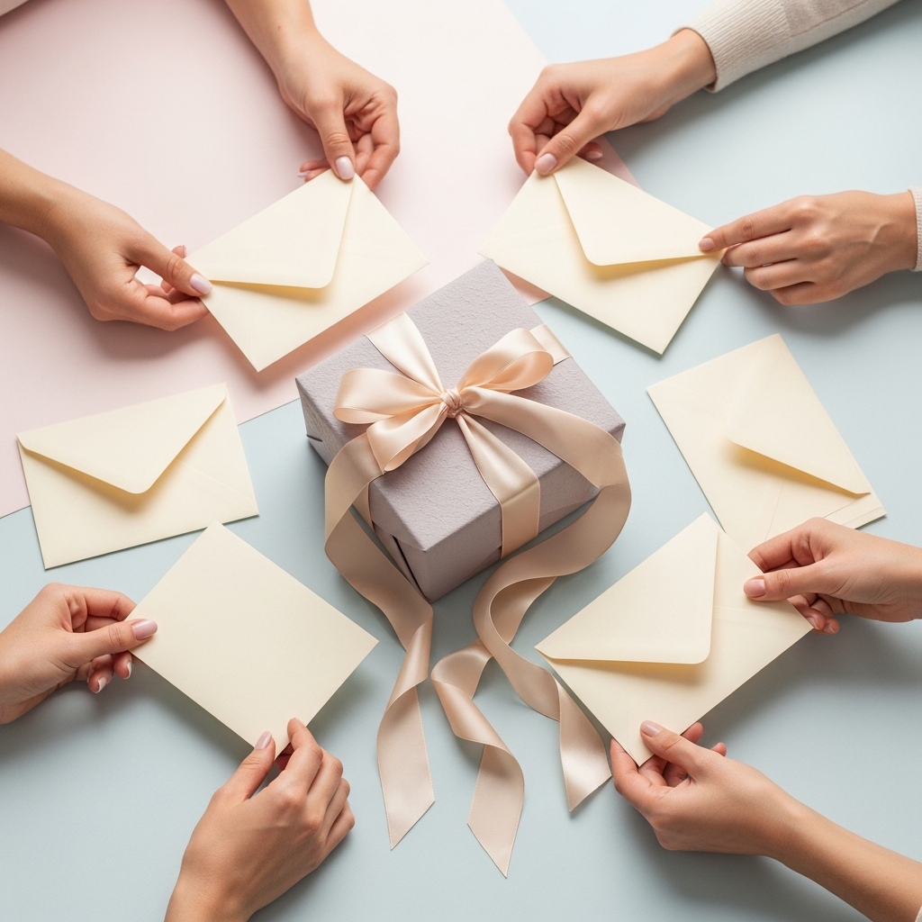 Grupo de amigos sonrientes sosteniendo una caja de regalo de boda decorada y un sobre con dinero