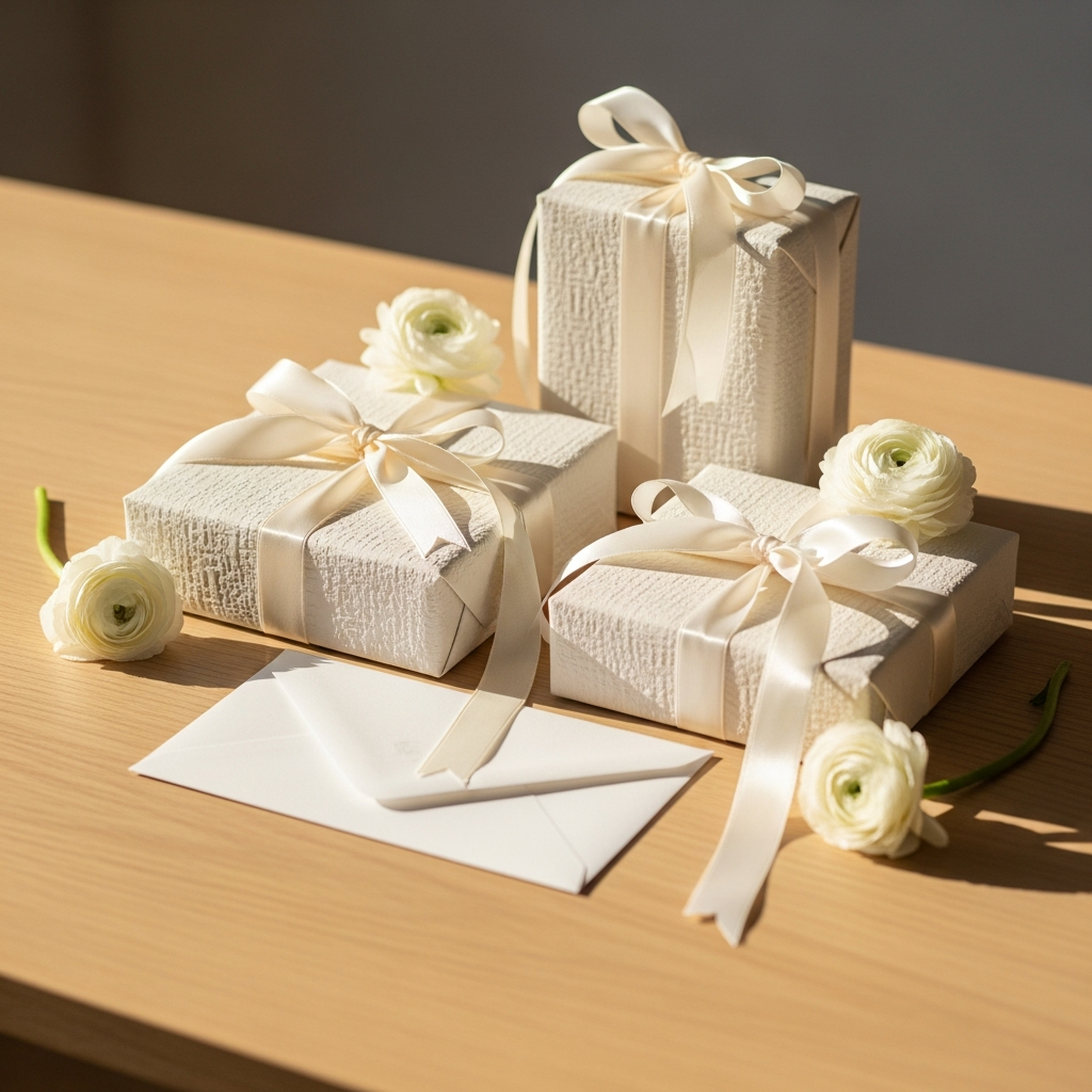Caja de regalo con lazo blanco y un sobre de felicitación elegante sobre una mesa rústica