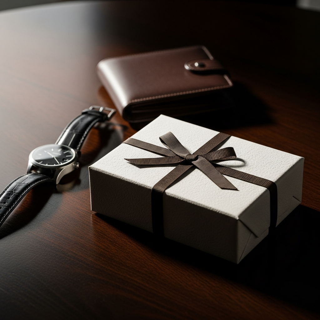 Caja de regalo de papel kraft con lazo negro junto a un reloj y una cartera de cuero sobre fondo de madera