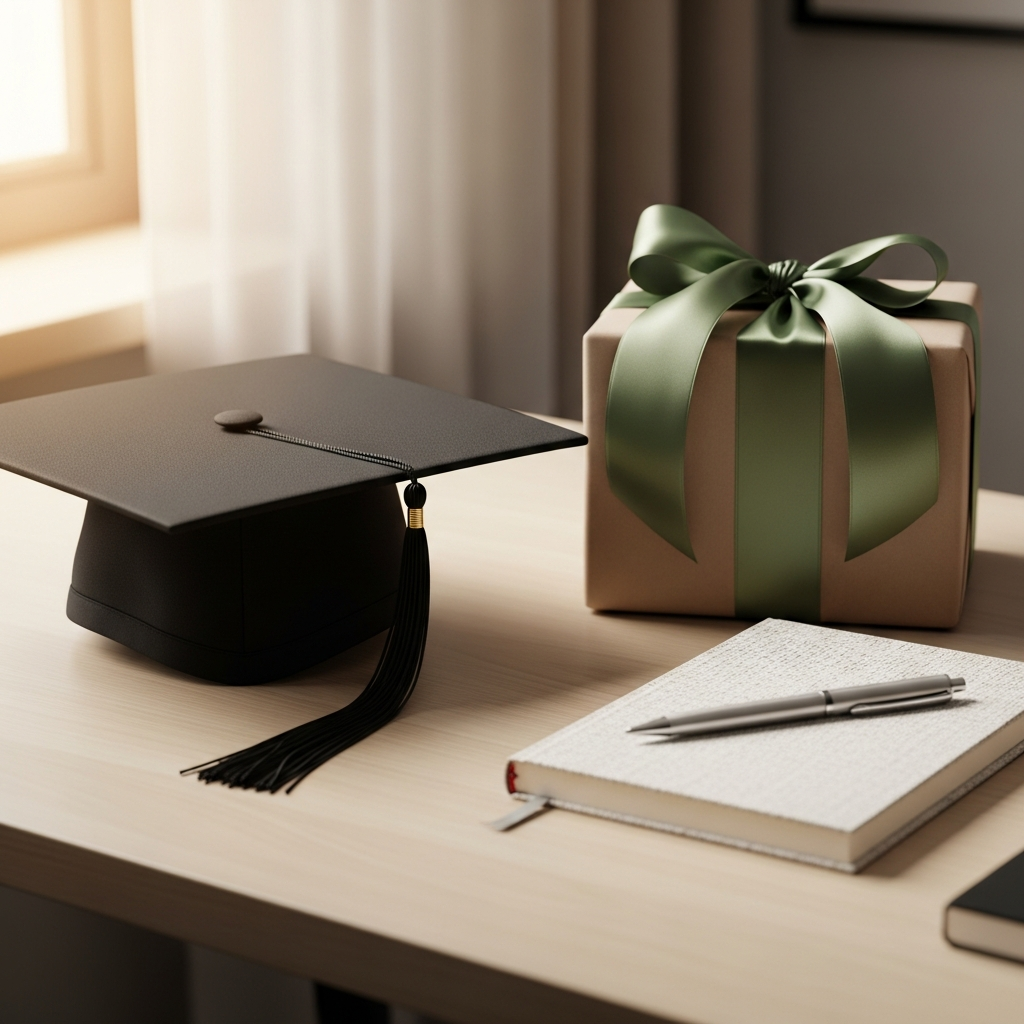 Birrete de graduación junto a una caja de regalo, una agenda de cuero y un bolígrafo sobre fondo de madera