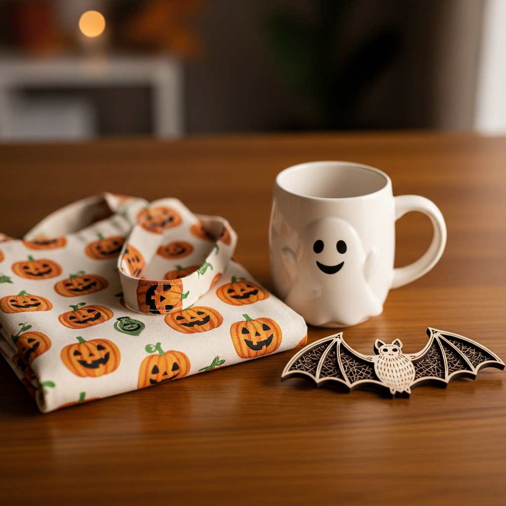Taza personalizada con un fantasma sonriente, bolsa de tela con calabaza y detalles de madera para niños