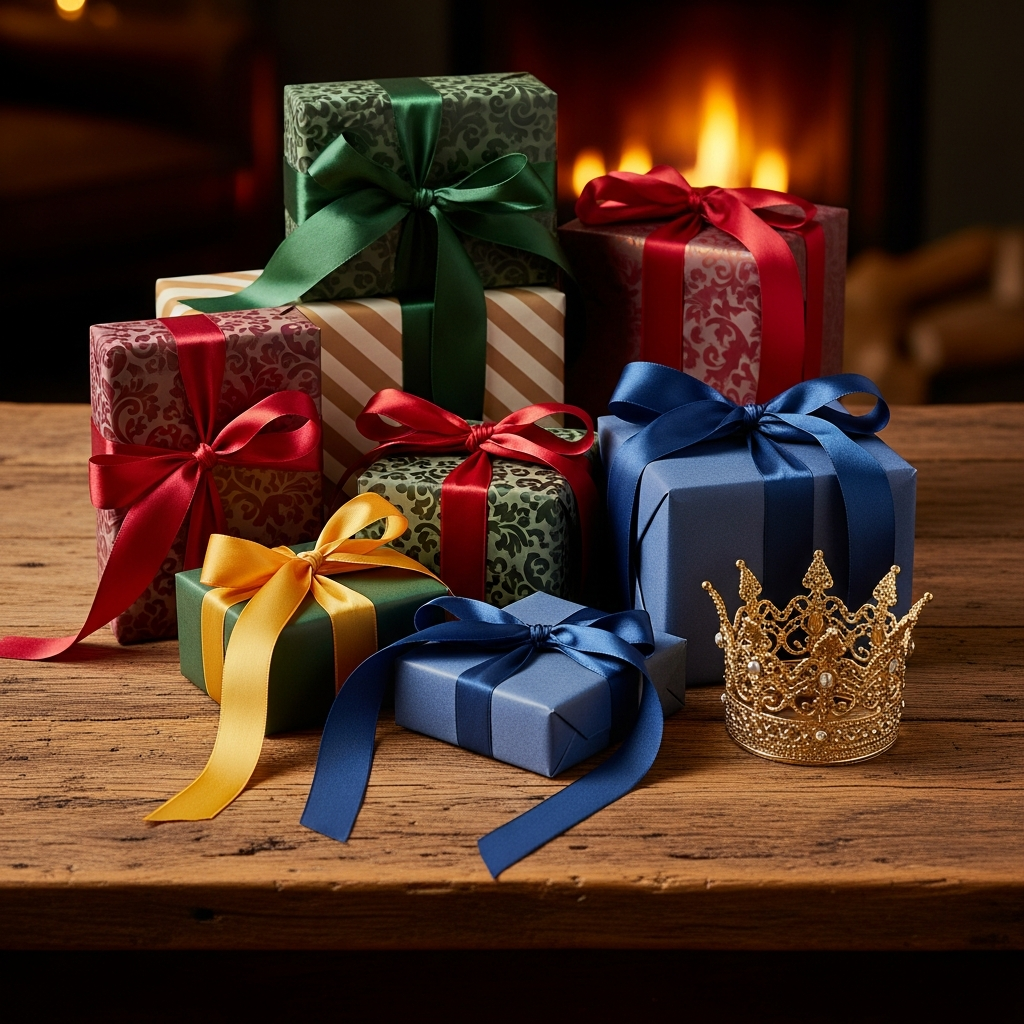 Tres regalos elegantes envueltos en papel kraft con lazos rojos y dorados bajo las luces de un árbol navideño
