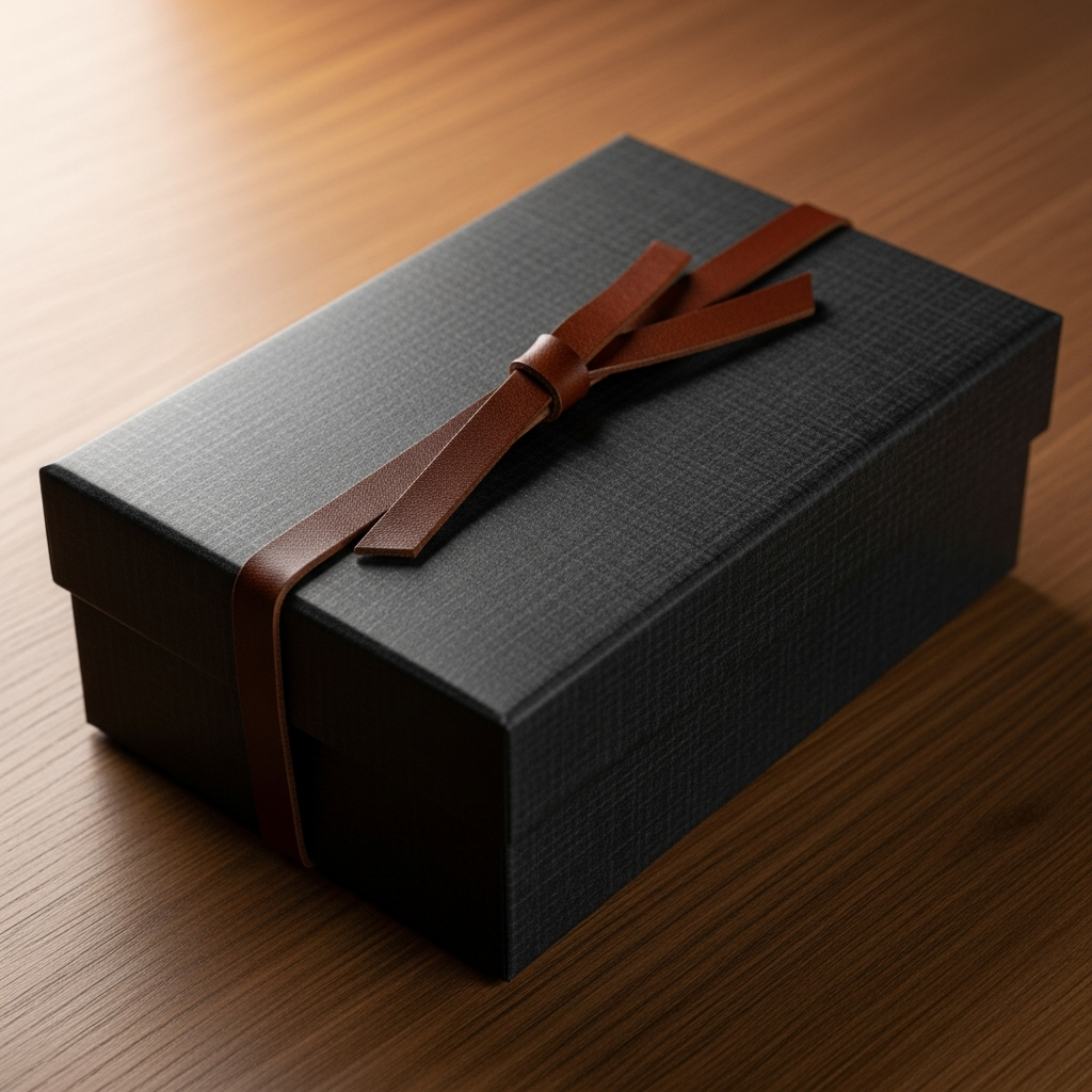 Manos masculinas abriendo una elegante caja de regalo con un reloj de diseño y una cartera de cuero