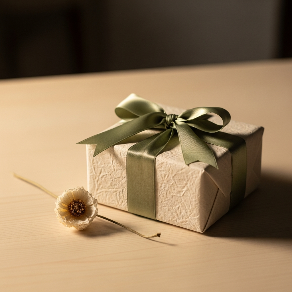 Caja de regalo envuelta en papel kraft con un elegante lazo de seda y una tarjeta de felicitación personalizada