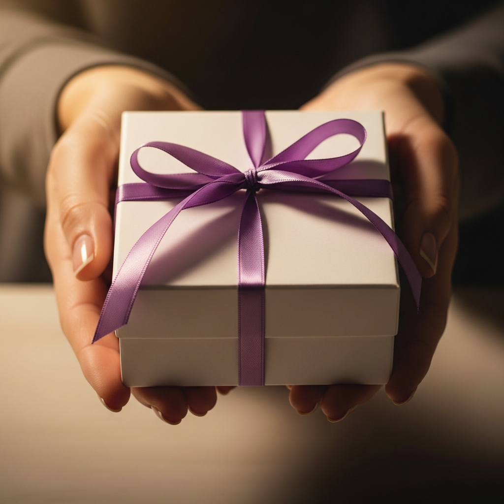 Mujer sonriente sosteniendo un regalo especial con lazo morado y una tarjeta dedicada en un ambiente cálido