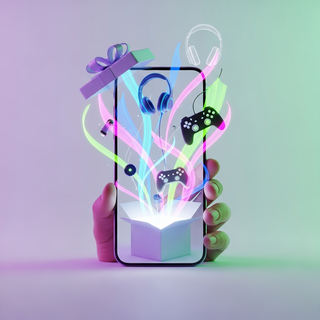 Persona sosteniendo un teléfono móvil que muestra en pantalla una tarjeta de regalo digital con un lazo rojo