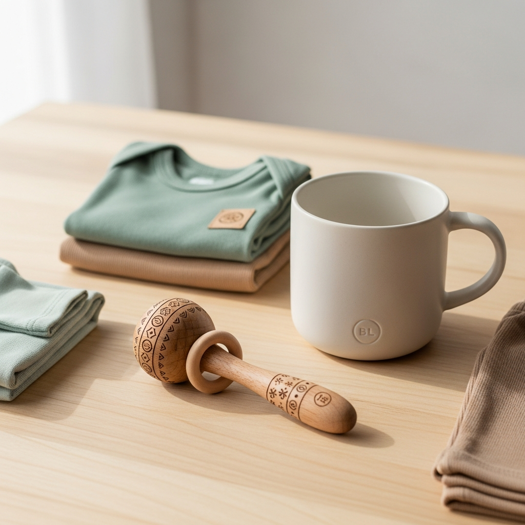 Tazas personalizadas y detalles de madera grabados con láser sobre una mesa decorada con tonos neutros