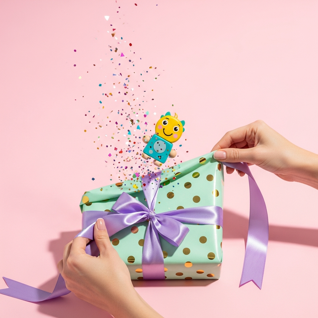 Una persona sonríe con sorpresa al abrir una caja de regalo envuelta en papel brillante