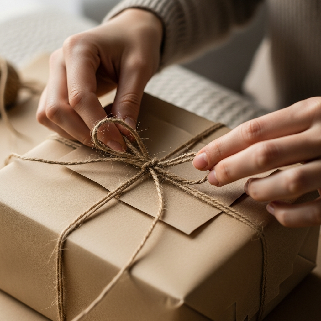 Manos envolviendo un regalo con papel kraft, un lazo de cuerda y una tarjeta personalizada escrita a mano