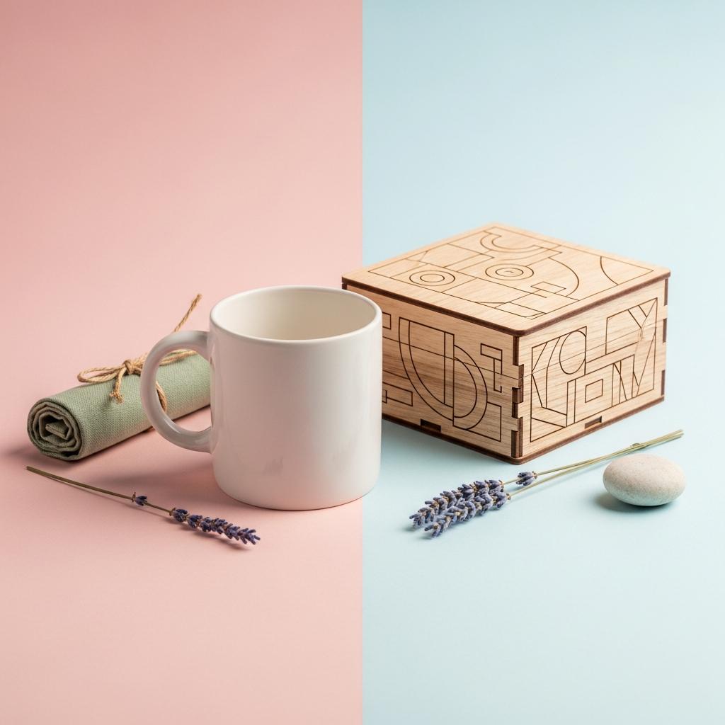 Taza personalizada y llavero de madera grabado con mensajes de cariño para un hermano sobre una mesa