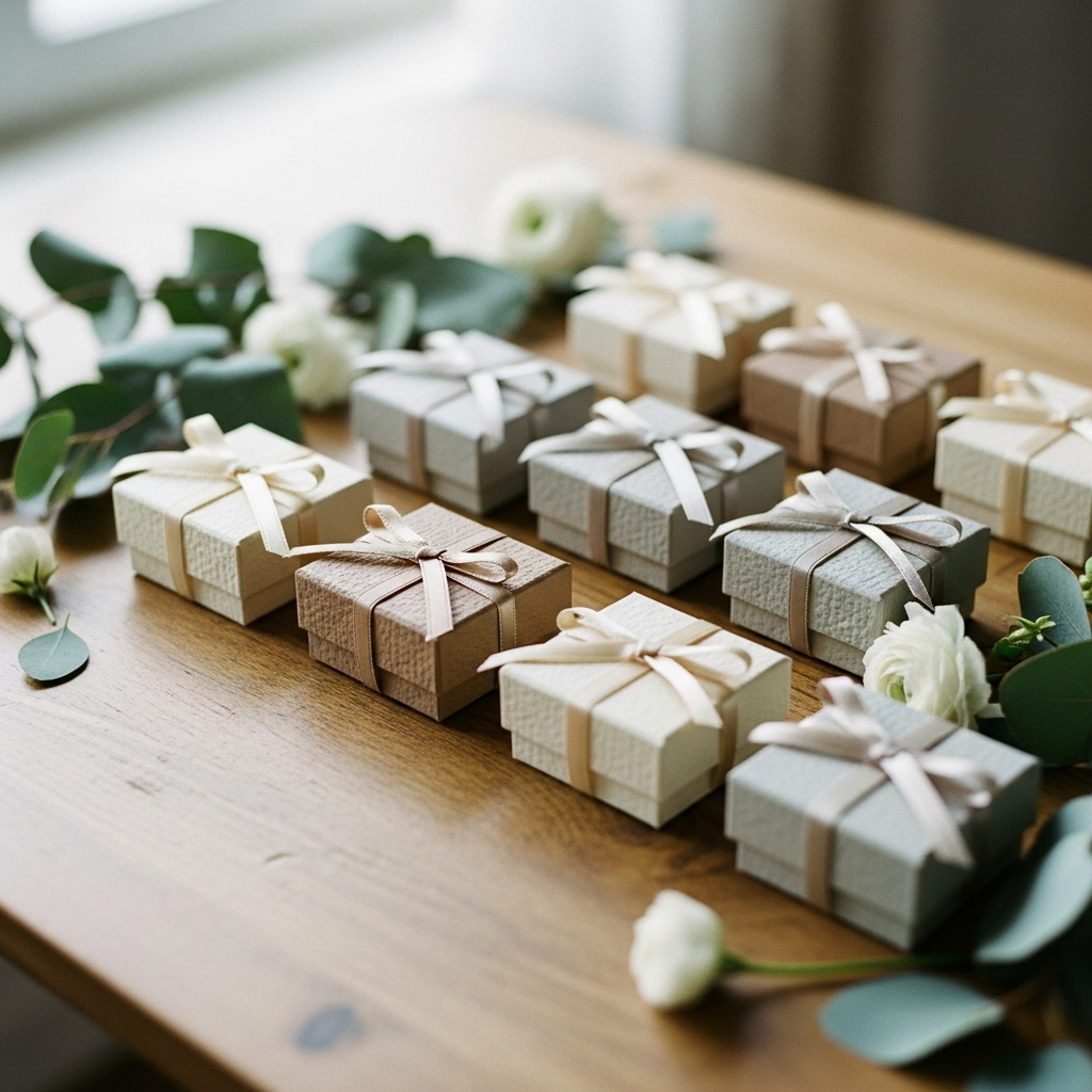 Cajitas de regalo con lazos de raso y tarjetas de agradecimiento personalizadas para los invitados de boda