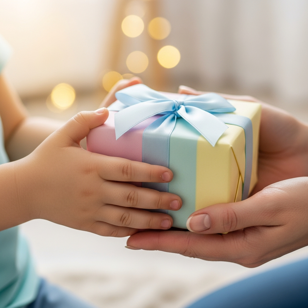 Niño sonriente entregando una caja de regalo con un lazo rojo a su niñera en el salón de casa