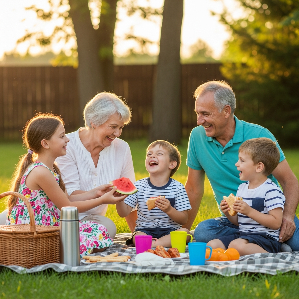 Abuelos sonrientes abrazando a sus nietos mientras disfrutan de un entrañable momento en familia en el salón