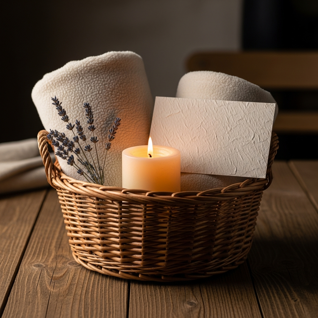 Caja de regalo con una vela aromática, flores secas y una tarjeta de apoyo emocional sobre una mesa de madera