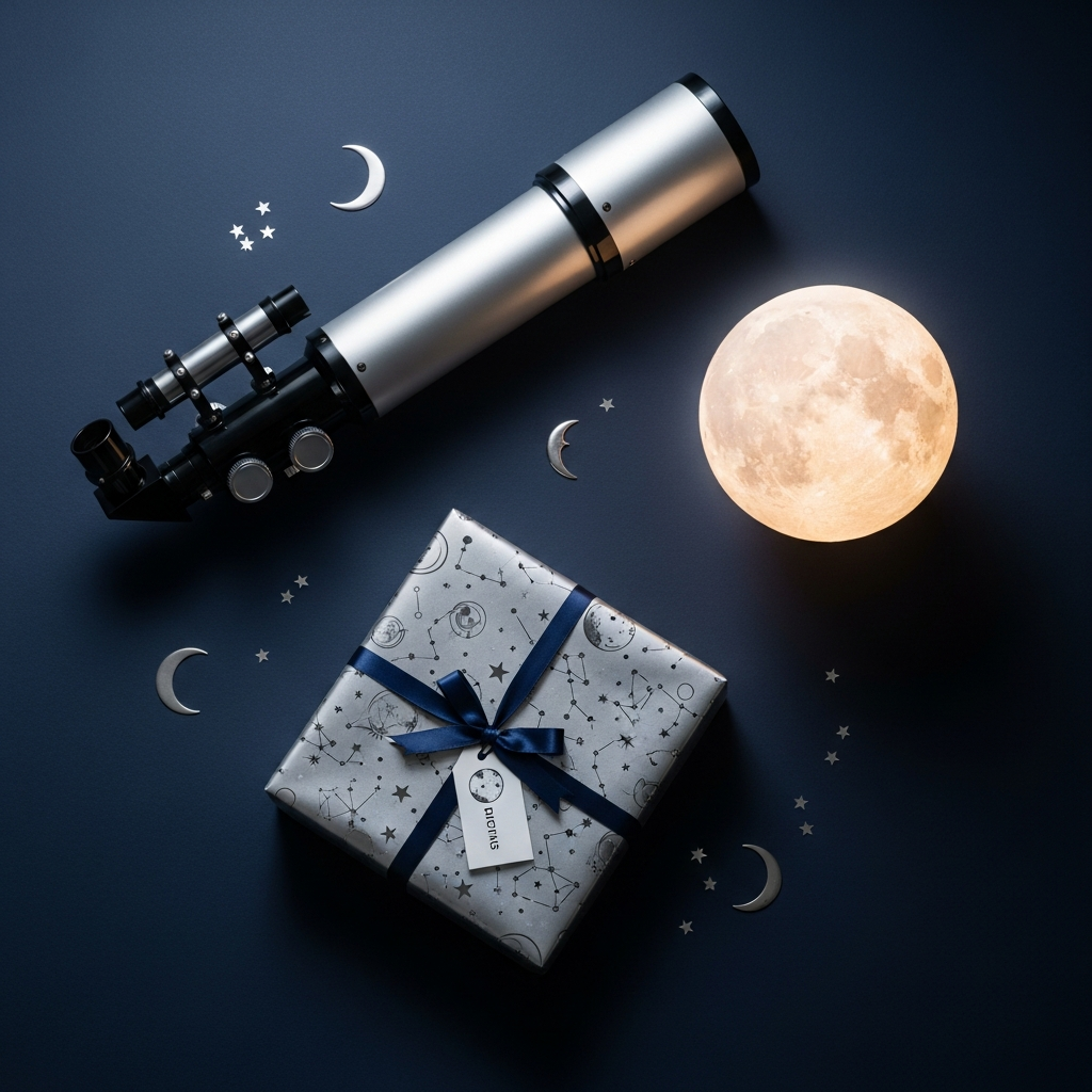 Telescopio astronómico, planisferio celeste y caja de regalo con lazo sobre un escritorio