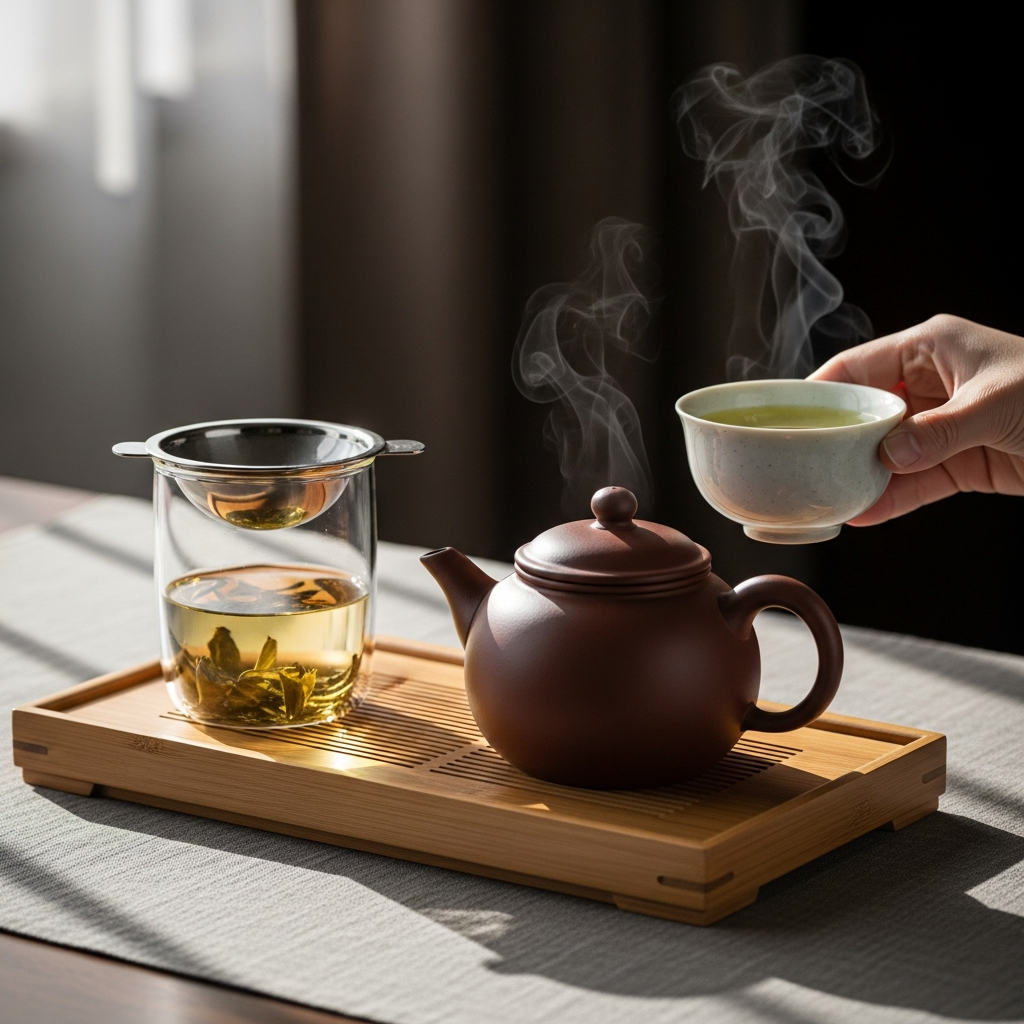 Tetera de cerámica japonesa, tazas de diseño y hojas de té sueltas en una elegante caja de madera