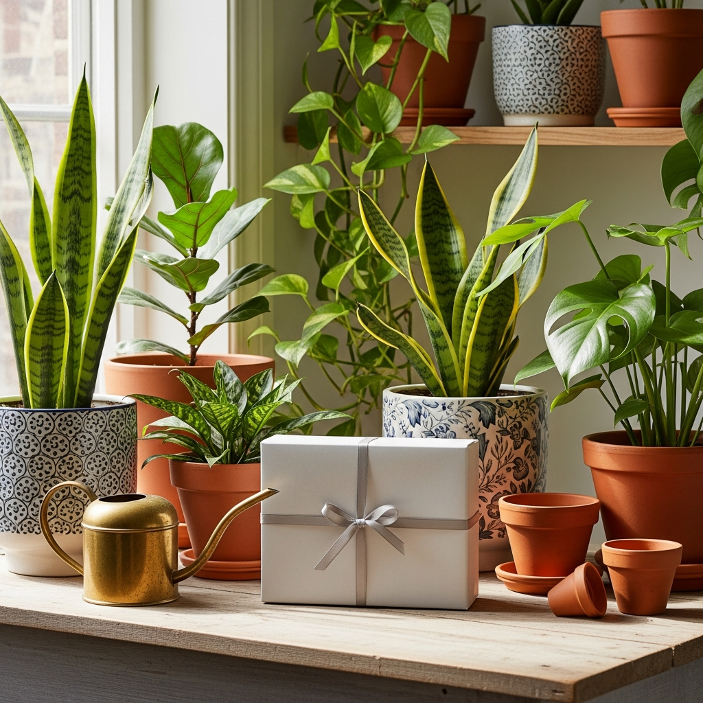 Caja de regalo de papel kraft junto a plantas de interior y herramientas de jardinería sobre una mesa de madera