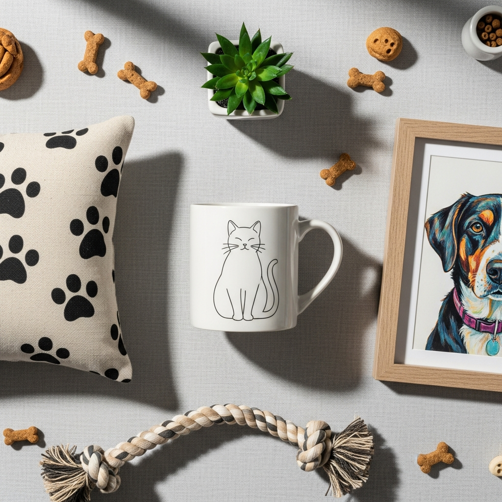 Cojín y taza personalizados con retratos de mascotas junto a un llavero grabado sobre una mesa