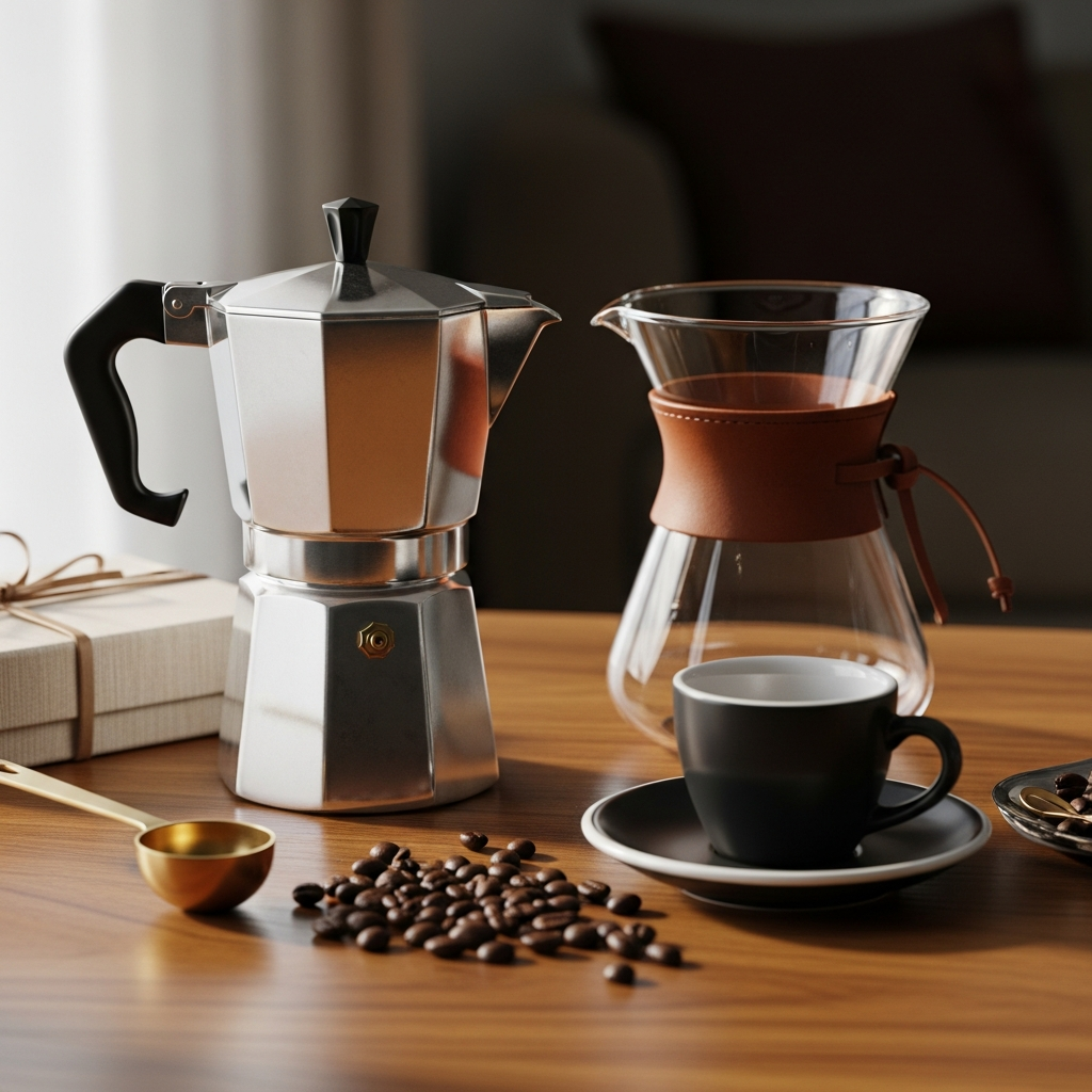 Cafetera moka, cono de goteo y taza de espresso sobre una mesa de madera con granos de café tostado