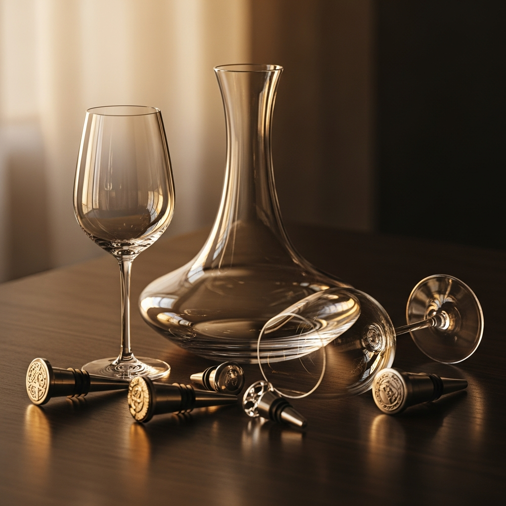Copas de vino, un decantador de cristal y un cuaderno de notas para cata sobre una mesa de madera