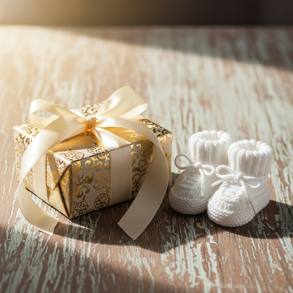 Caja de regalo abierta con patucos de lana blanca, un chupete de madera y la ecografía de un bebé