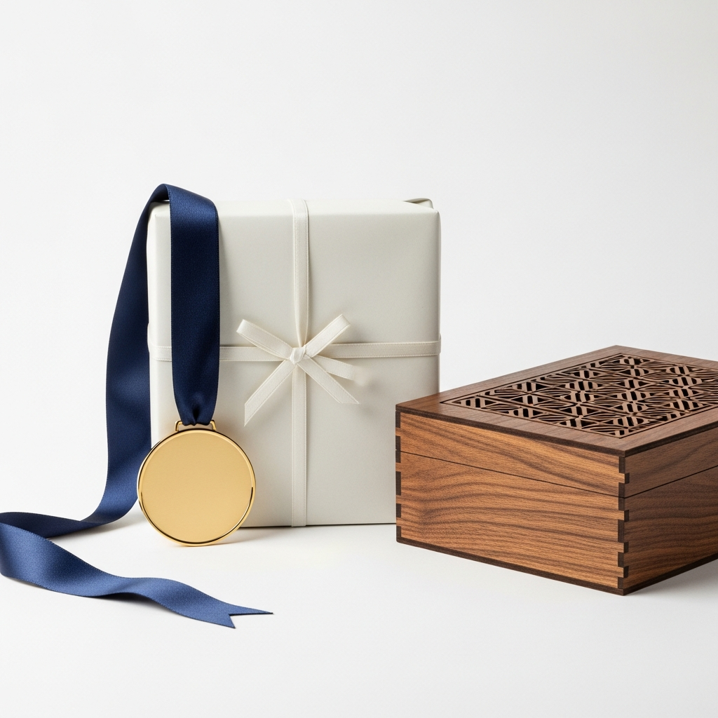 Copa deportiva, termo de acero grabado con láser y libreta personalizada sobre una mesa de madera clara