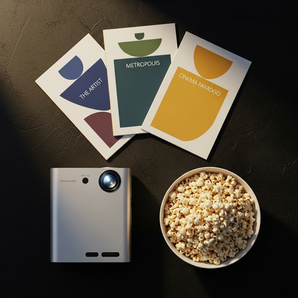 Proyector portátil, claqueta de cine, libros y un regalo envuelto sobre una mesa de madera