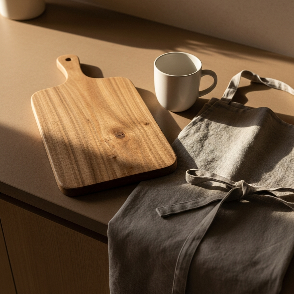 Delantal y tabla de madera grabados junto a una taza personalizada en una encimera de cocina