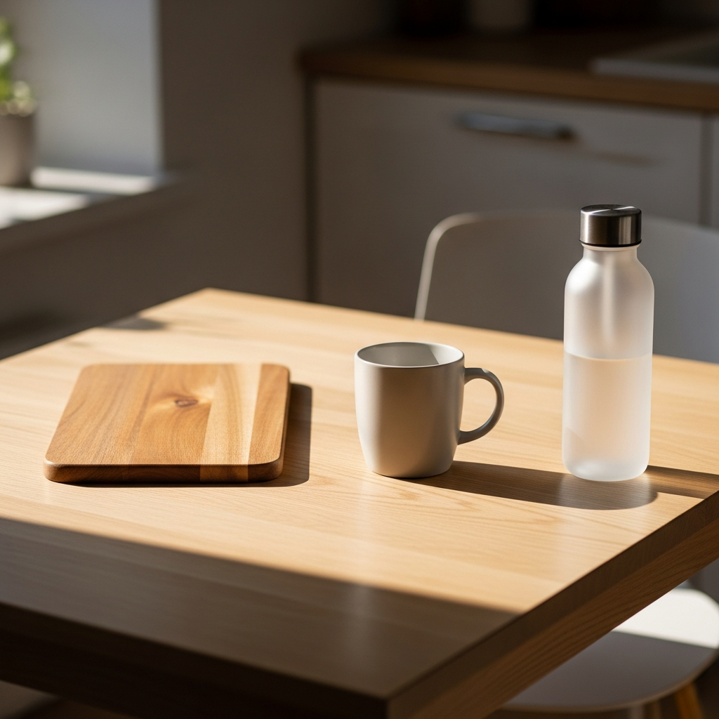 Una taza sublimada, una botella personalizada y una tabla de madera grabada en una cocina moderna