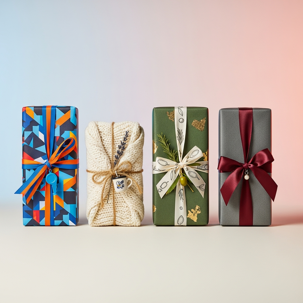 Pareja sonriente en un sofá abriendo regalos envueltos con lazos de colores