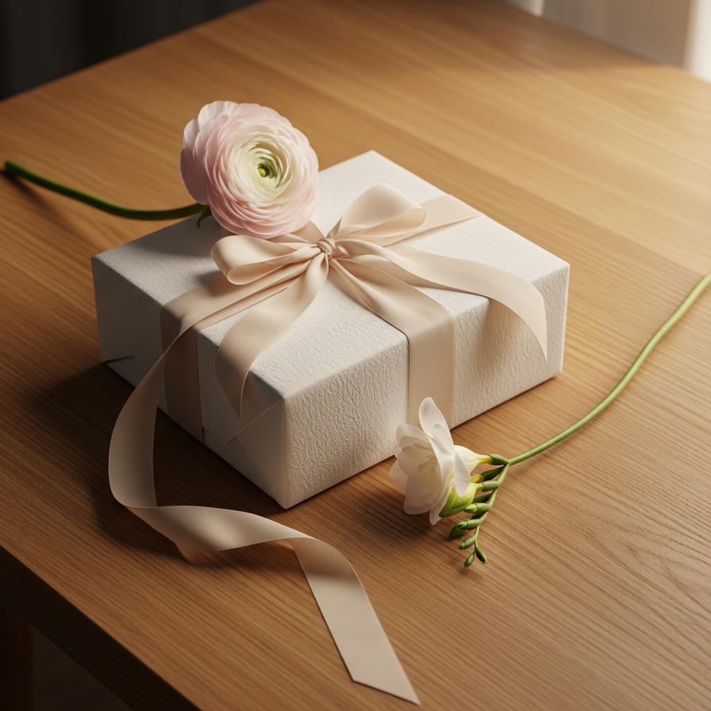 Caja de regalo con termo grabado y tarjeta de agradecimiento sobre fondo de madera