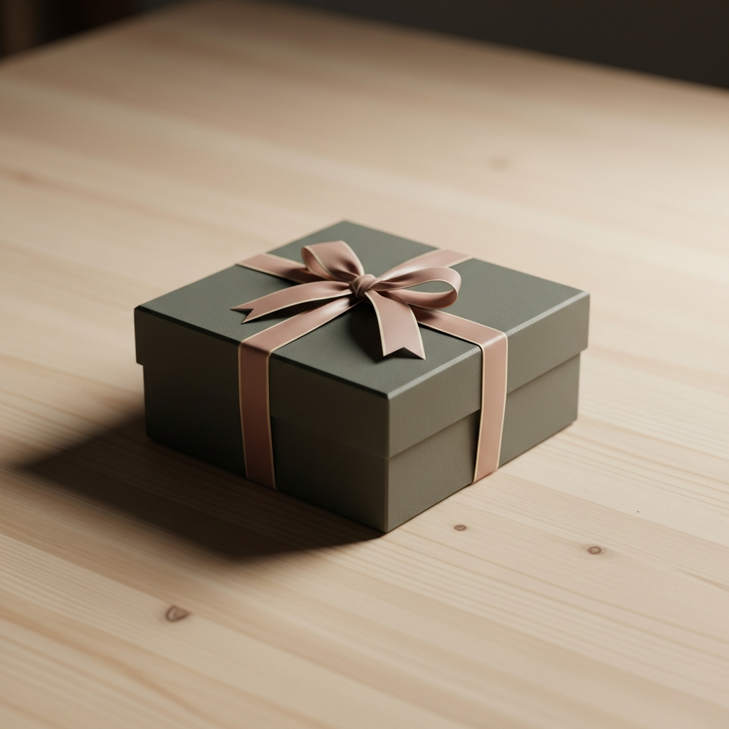Manos entregando una caja de regalo elegante envuelta en papel kraft con un lazo de cinta verde