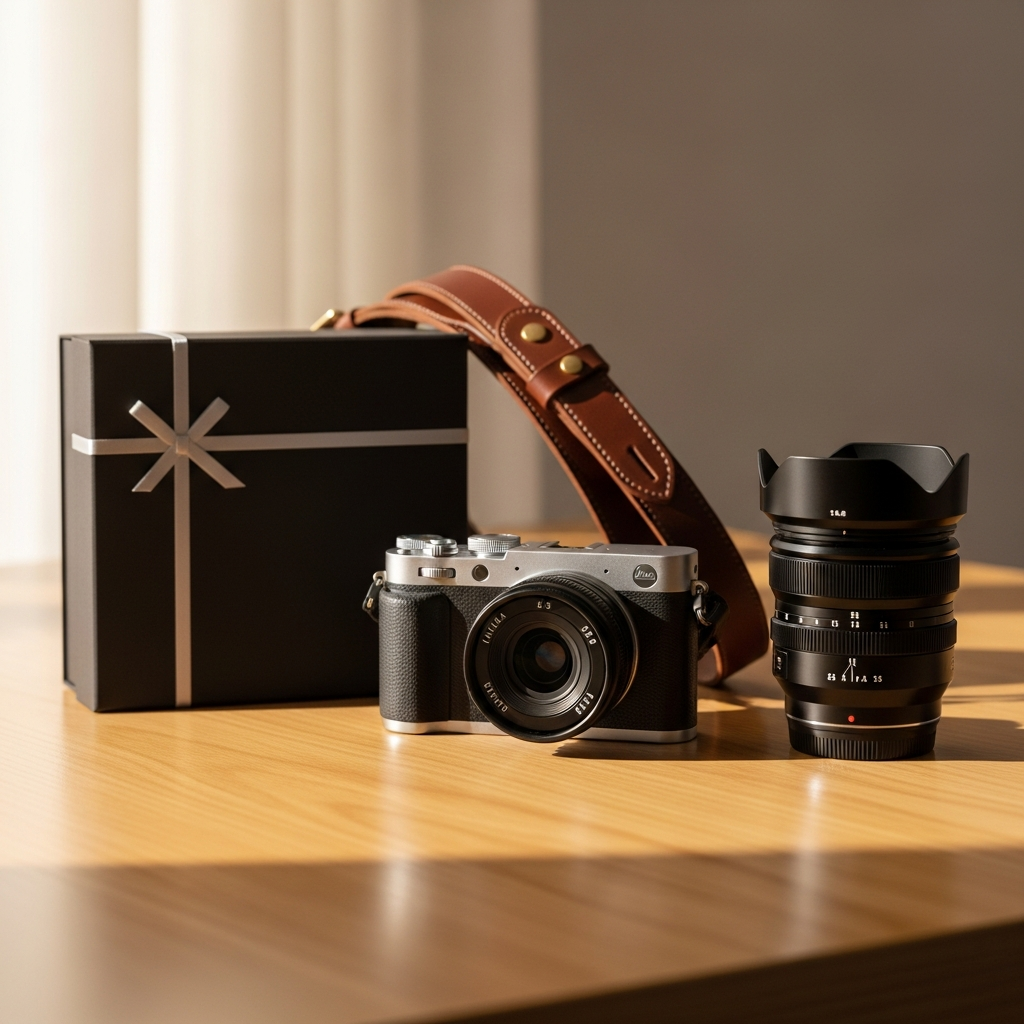 Cámara de fotos réflex, lentes y accesorios para móvil ordenados con estilo sobre un fondo de madera