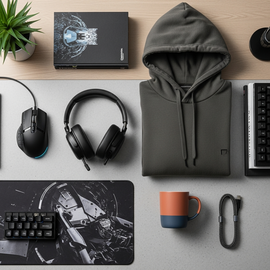 Mando, auriculares y taza temática como regalos para gamers en un escritorio con iluminación LED