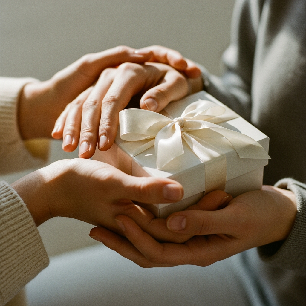 Dos hermanas sonrientes abrazadas mientras sostienen una caja de regalo decorada con un lazo