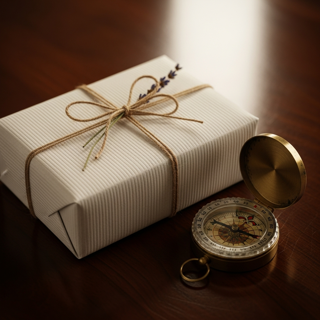 Caja de regalo envuelta con un lazo elegante junto a un reloj de pulsera de cuero sobre una mesa de madera