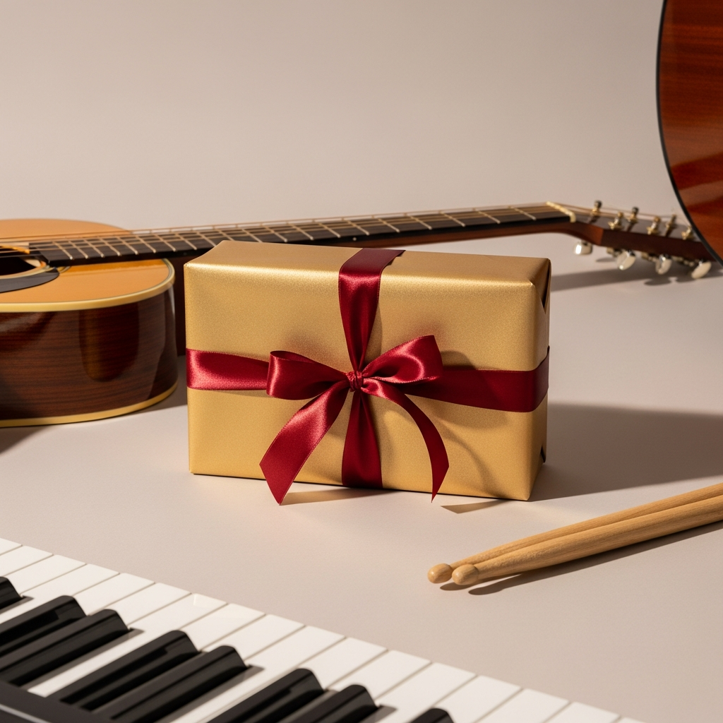Caja de regalo junto a una guitarra acústica, baquetas de batería, auriculares y partituras de música