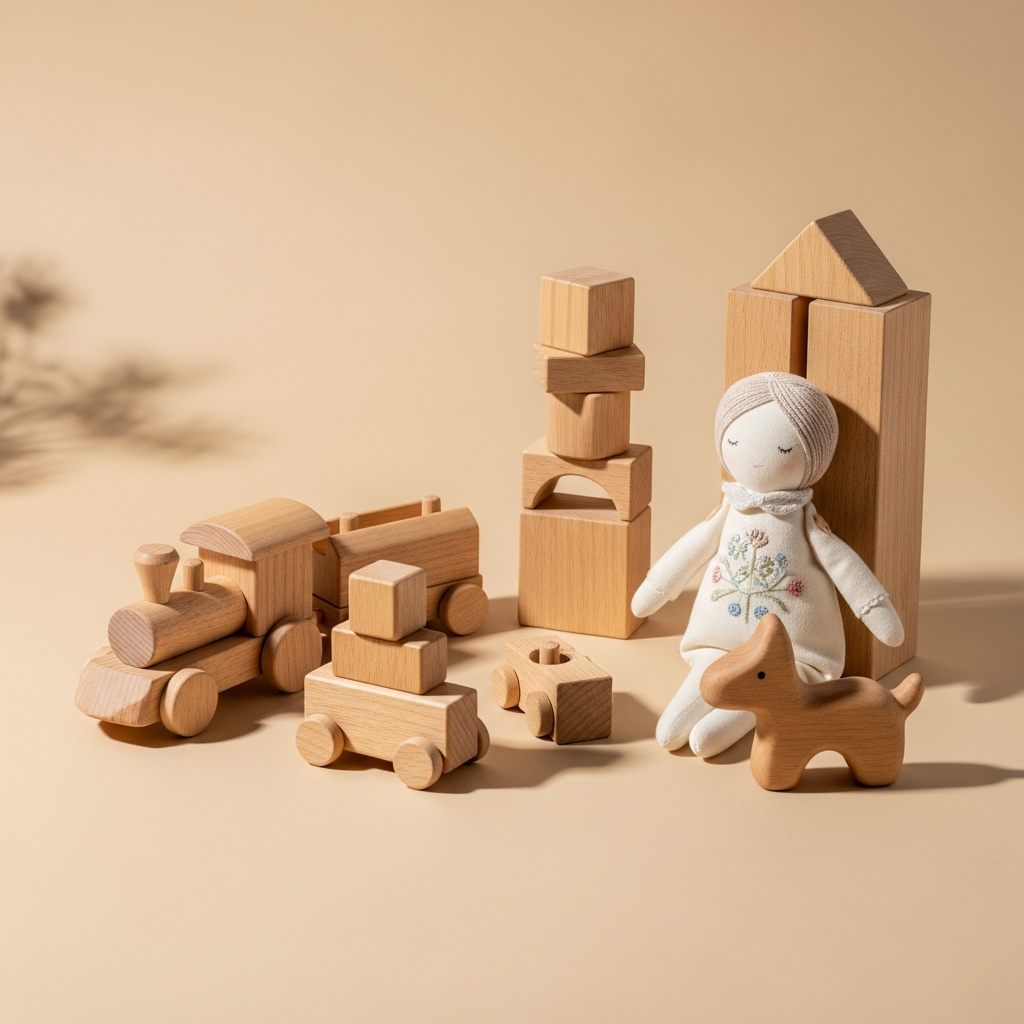 Bloques de madera apilables y un libro de cuentos infantil sobre una alfombra en una habitación luminosa
